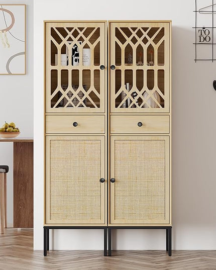 Brafab Set of 2 Tall Cabinet Narrow Storage Linen Cabinet Tall Sideboard Rattan Woven Door Fretwork Pattern Door 1 Drawer - LeafyLoom