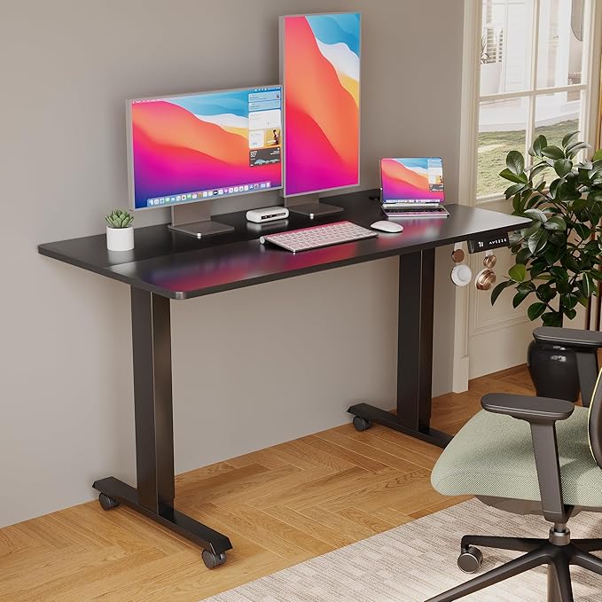Electric Standing Desk 48 Inch, Ergonomic Height Adjustable Table with T-Shaped Metal Bracket Modern Computer Workstations for Home Office, Black - LeafyLoom