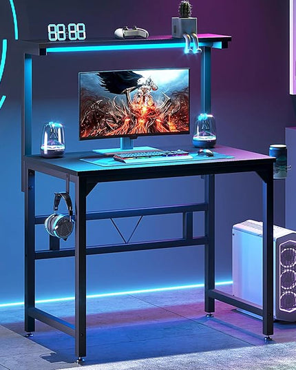 Gaming Desk with Power Outlets & LED Strip Lights,80CM Industrial Writing Desk with Adjustable Monitor Stand, Cupholder and Headphone Hook for Home Office Black - LeafyLoom