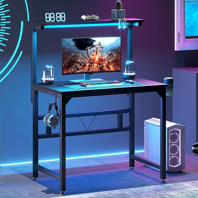 Gaming Desk with Power Outlets & LED Strip Lights,80CM Industrial Writing Desk with Adjustable Monitor Stand, Cupholder and Headphone Hook for Home Office Black - LeafyLoom