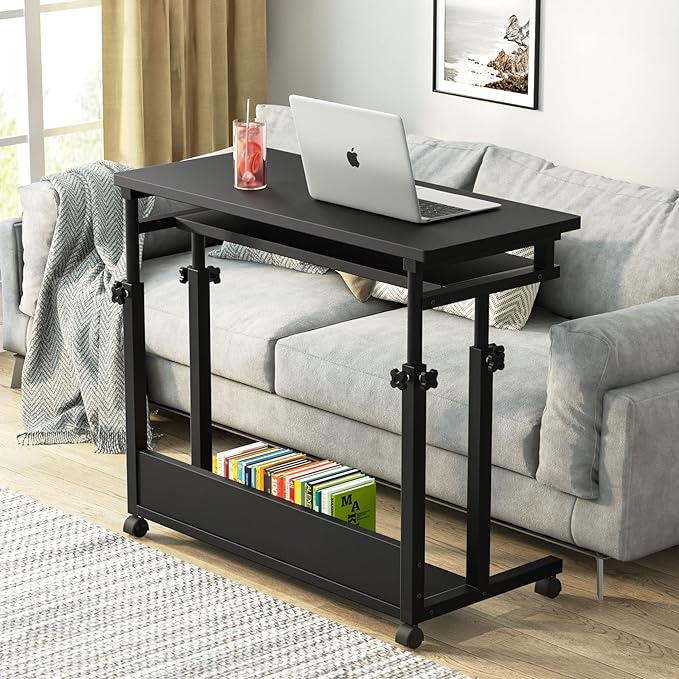Tribesigns Portable Desk for Sofa and Bed, Height Adjustable Mobile Laptop Table Small Standing Desk Rolling Computer Cart with Keyboard Tray on Wheels for Home Office (Black) - LeafyLoom