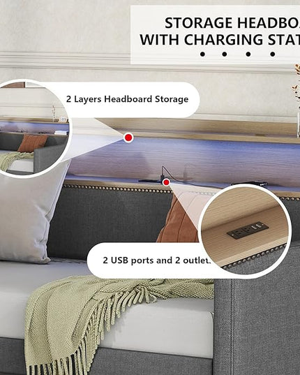 Twin Size Daybed with 2 Storage Drawers, Upholstered Day Bed Frame with Charging Station and LED Lights, Linen Sofa Beds for Living Room, Bedroom, Gray - LeafyLoom