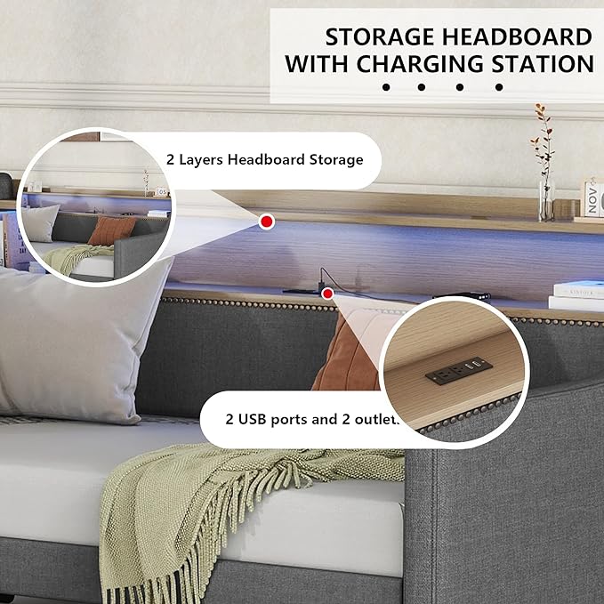 Twin Size Daybed with 2 Storage Drawers, Upholstered Day Bed Frame with Charging Station and LED Lights, Linen Sofa Beds for Living Room, Bedroom, Gray - LeafyLoom