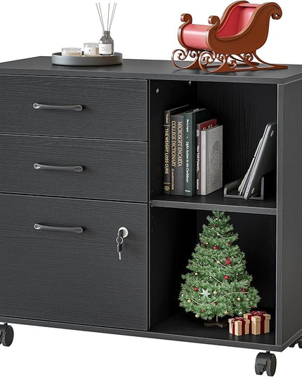 FEZIBO 3-Drawer Mobile File Cabinet, Lateral Filing Cabinet with Lock, Printer Stand with Open Storage Shelves for Home Office, Filing Cabinets for Home Office, Black - LeafyLoom