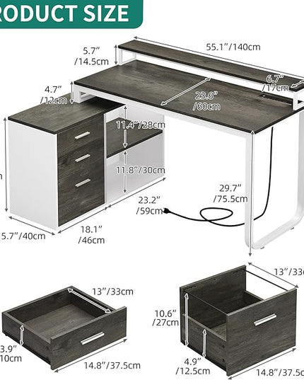YITAHOME L Shaped Desk with 3 Drawers, 55" Corner Computer Desk with Power Outlets & LED Lights, L-Shaped Desk with File Cabinet for Home Office, White & Grey - LeafyLoom