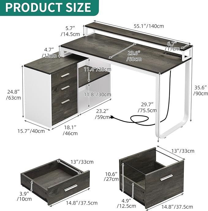 YITAHOME L Shaped Desk with 3 Drawers, 55" Corner Computer Desk with Power Outlets & LED Lights, L-Shaped Desk with File Cabinet for Home Office, White & Grey - LeafyLoom