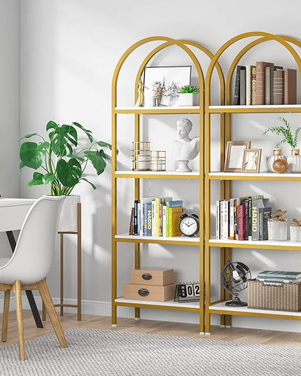 Tribesigns 4-Tier Open Bookshelf, 70.8" Modern Wood Bookcase Storage Shelves with Metal Frame, Freestanding Display Rack Tall Shelving Unit for Office, Bedroom, Living Room (White & Gold, 1PC) - LeafyLoom