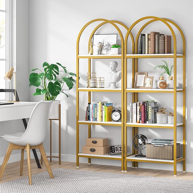 Tribesigns 4-Tier Open Bookshelf, 70.8" Modern Wood Bookcase Storage Shelves with Metal Frame, Freestanding Display Rack Tall Shelving Unit for Office, Bedroom, Living Room (White & Gold, 1PC) - LeafyLoom