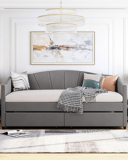 Twin Size Upholstered Daybed with Two Drawers, Wood Slat Support Sofa Bed with Armrest, No Box Spring Needed, Easy to Assemble, for Studio, Bedroom, Living, Guest Room, Gray - LeafyLoom