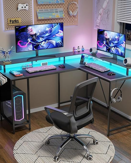 L Shaped Gaming Desk with Power Outlets & LED Lights, Computer Desk with Monitor Stand & Storage Shelf, Home Office Desk Corner Desk with Hooks, Easy to Assemble, Grey - LeafyLoom