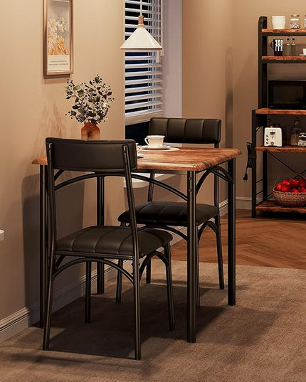 IDEALHOUSE Dining Table Set, Kitchen Table and Chairs for 2, Metal and Wood Square Dining Room Table Set with 2 Upholstered Chairs, 3 Piece Dining Table Set for Small Space, Apartment, Rustic Brown - LeafyLoom