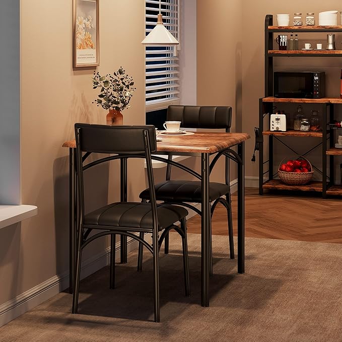 IDEALHOUSE Dining Table Set, Kitchen Table and Chairs for 2, Metal and Wood Square Dining Room Table Set with 2 Upholstered Chairs, 3 Piece Dining Table Set for Small Space, Apartment, Rustic Brown - LeafyLoom