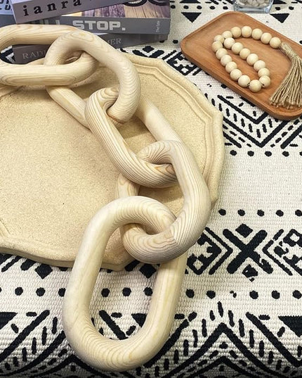 Wood Chain Link Decor | Hand Boho Carved Decor for Table, Shelf Decor Accents, Rustic Farmhouse Aesthetic 5 Link Chain Decor, Home Living Room, Bedroom, Entryway Coffee Table Decor(Wood Color) - LeafyLoom