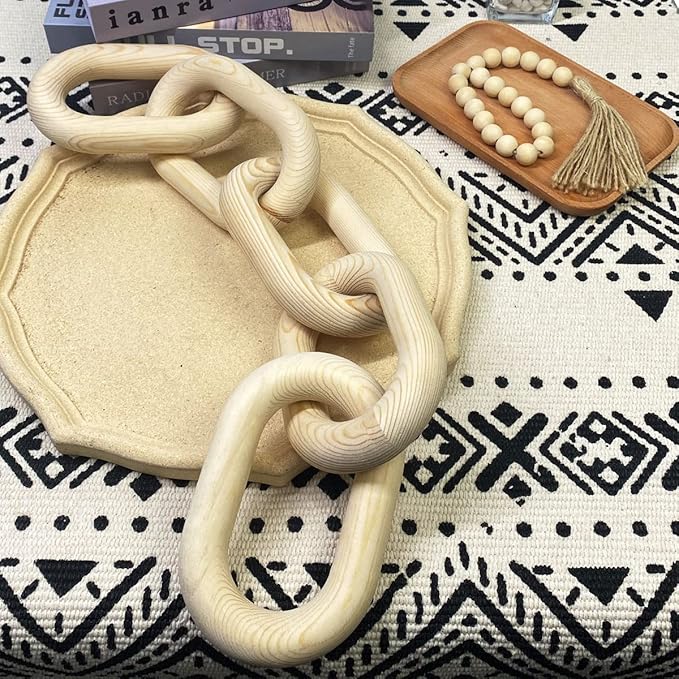 Wood Chain Link Decor | Hand Boho Carved Decor for Table, Shelf Decor Accents, Rustic Farmhouse Aesthetic 5 Link Chain Decor, Home Living Room, Bedroom, Entryway Coffee Table Decor(Wood Color) - LeafyLoom