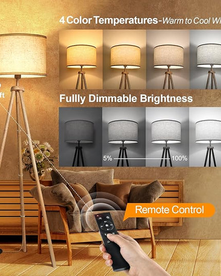 OUTON Tripod Floor Lamp, Floor Lamp with Remote Control, 4 Color Temperature, Modern Dimmable Tall Standing Lamp with Beige Linen Texture Shade for Living Room, Bedroom, Office (Nature Wood) - LeafyLoom