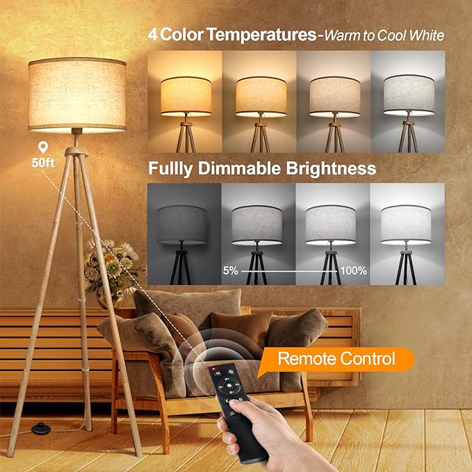 OUTON Tripod Floor Lamp, Floor Lamp with Remote Control, 4 Color Temperature, Modern Dimmable Tall Standing Lamp with Beige Linen Texture Shade for Living Room, Bedroom, Office (Nature Wood) - LeafyLoom