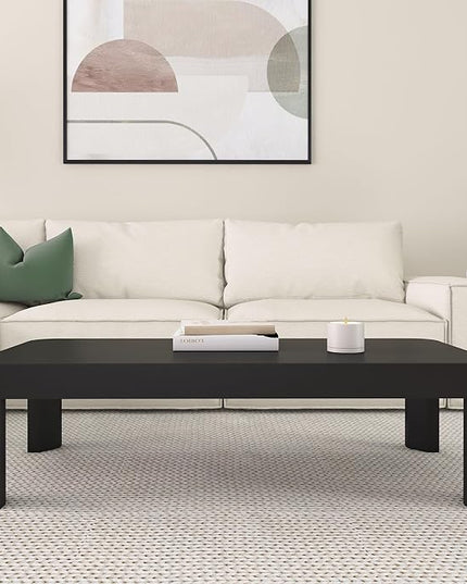 Plank+Beam Modern Rounded Coffee Table, 54 Inch, Solid Wood Contemporary Center Table for Living Room, Rectangle Tea Table, Black - LeafyLoom