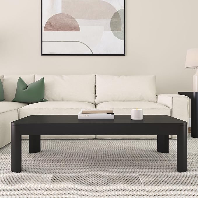 Plank+Beam Modern Rounded Coffee Table, 54 Inch, Solid Wood Contemporary Center Table for Living Room, Rectangle Tea Table, Black - LeafyLoom