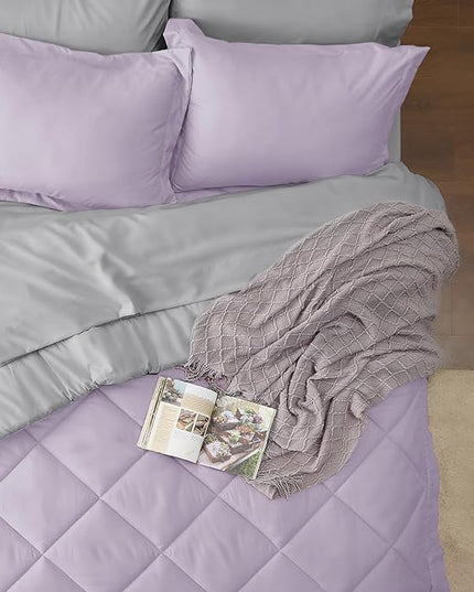 Bedsure Light Purple Full Size Comforter Set - 7 Pieces Reversible Full Bed in a Bag, Full Bed Set Light Purple and Grey with Comforters, Sheets, Pillowcases & Shams - LeafyLoom