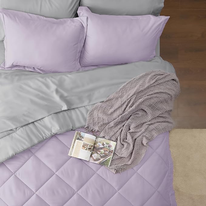 Bedsure Light Purple California King Size Comforter Set - 7 Pieces Reversible California King Bed in a Bag, Cal King Light Purple and Grey Bed Set with Comforters, Sheets, Pillowcases & Shams - LeafyLoom