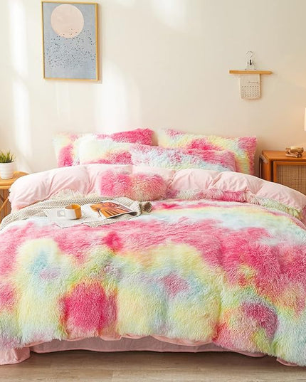 FOPPA Rainbow Plush Comforter Cover Set, 3 Pieces (Queen, Tie-Dye), Ultra Soft Faux Fur Bedding - LeafyLoom