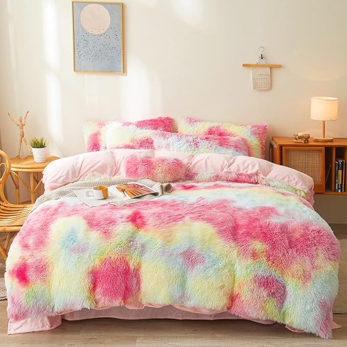 FOPPA Rainbow Plush Comforter Cover Set, 3 Pieces (Queen, Tie-Dye), Ultra Soft Faux Fur Bedding - LeafyLoom
