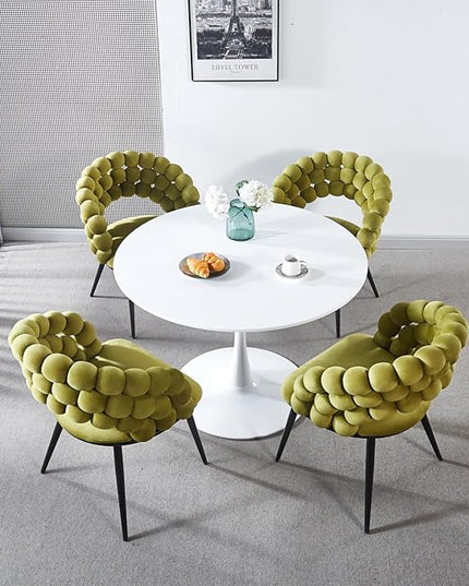 Sage Green Woven Velvet Barrel Accent Chairs with Black Metal Legs, Upholstered Side Chair for Dining Room Vanity Living Room - LeafyLoom