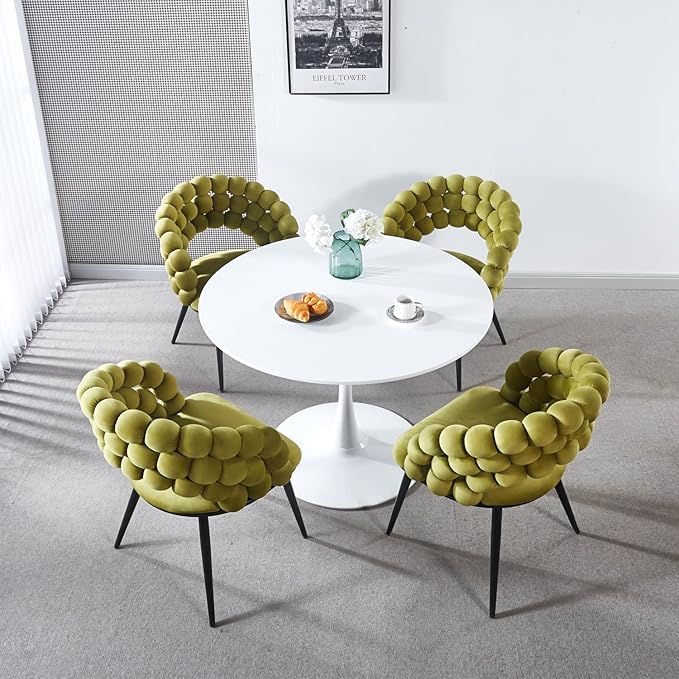 Sage Green Woven Velvet Barrel Accent Chairs with Black Metal Legs, Upholstered Side Chair for Dining Room Vanity Living Room - LeafyLoom