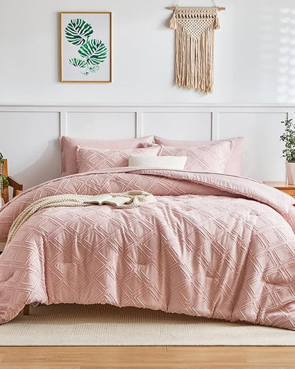 7 Pieces Tufted Bed in a Bag King Comforter Set with Sheets Blush, Soft and Embroidery Shabby Chic Boho Bohemian, Luxury Solid Color with Diamond Pattern, Jacquard Tufts Bedding Set for All Season - LeafyLoom