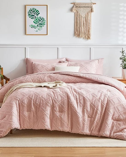 7 Pieces Tufted Bed in a Bag Queen Comforter Set with Sheets Blush, Soft and Embroidery Shabby Chic Boho Bohemian, Luxury Solid Color with Diamond Pattern, Jacquard Tufts Bedding Set for All Season - LeafyLoom
