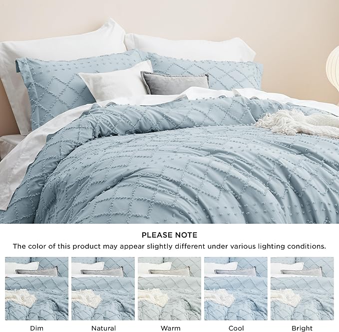 Bedsure Queen Comforter Set - Dusty Blue Comforter, Boho Tufted Shabby Chic Bedding Comforter Set, 3 Pieces Vintage Farmhouse Bed Set for All Seasons, Fluffy Soft Bedding Set with 2 Pillow Shams - LeafyLoom