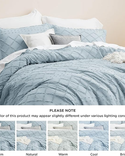 Bedsure King Size Comforter Set - Dusty Blue Comforter, Boho Tufted Shabby Chic Bedding Comforter Set, 3 Pieces Farmhouse Bed Set for All Seasons, Fluffy Soft Bedding Set with 2 Pillow Shams - LeafyLoom