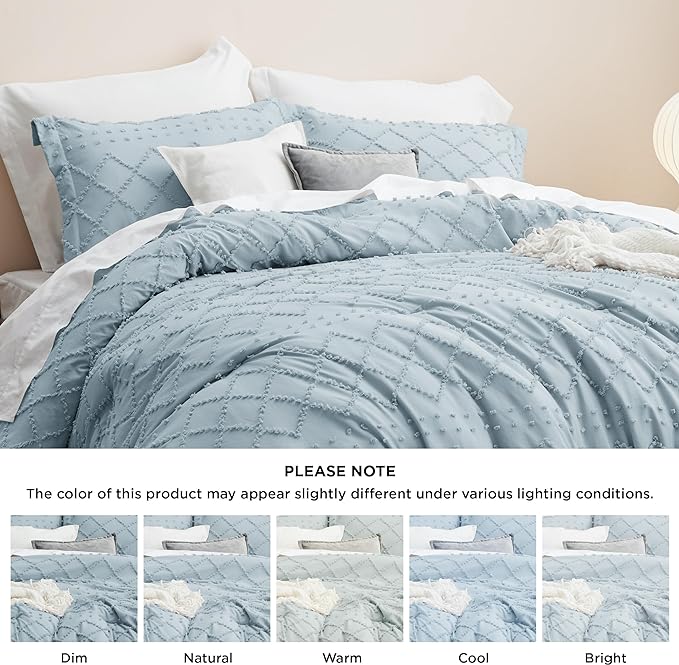 Bedsure King Size Comforter Set - Dusty Blue Comforter, Boho Tufted Shabby Chic Bedding Comforter Set, 3 Pieces Farmhouse Bed Set for All Seasons, Fluffy Soft Bedding Set with 2 Pillow Shams - LeafyLoom