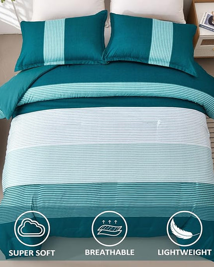 WONGS BEDDING Comforter Set King, Reversible Teal Blue Striped Patchwork Down Alternative Comforter for King Bed,3 Pieces (1 Comforter+2 Pillowcases), Soft Microfiber Bedding Set 104"×90" - LeafyLoom
