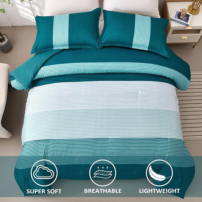 WONGS BEDDING Comforter Set Queen, Reversible Teal Blue Striped Patchwork Down Alternative Comforter for Queen Bed,3 Pieces (1 Comforter+2 Pillowcases), Soft Microfiber Bedding Set 90"×90" - LeafyLoom