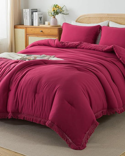 Andency Burgundy Red Tassel Comforter Set Full(79x90Inch), 3 Pieces(1 boho Comforter, 2 Pillowcases) Farmhouse Shabby Chic Comforter Set, Soft Microfiber Lightweight Fringe Bedding Comforter Set - LeafyLoom