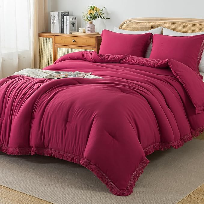 Andency Burgundy Red Tassel Comforter Set Full(79x90Inch), 3 Pieces(1 boho Comforter, 2 Pillowcases) Farmhouse Shabby Chic Comforter Set, Soft Microfiber Lightweight Fringe Bedding Comforter Set - LeafyLoom