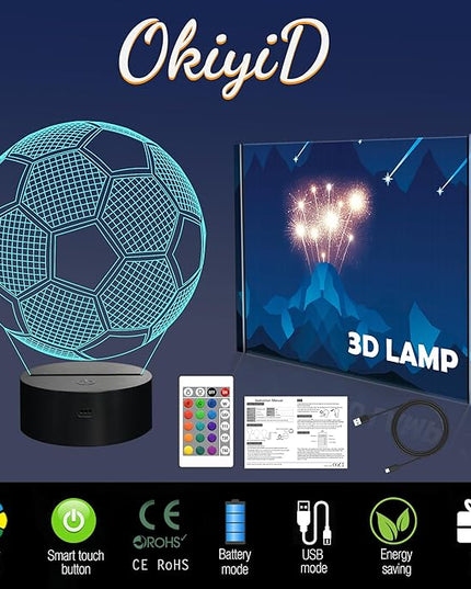 Soccer Night Light, Soccer Gift, 3D Illusion Lamp with 16 Colors Remote and Touch Control - Perfect Kids Room Decoration and Boys Birthday Sport Gift - LeafyLoom