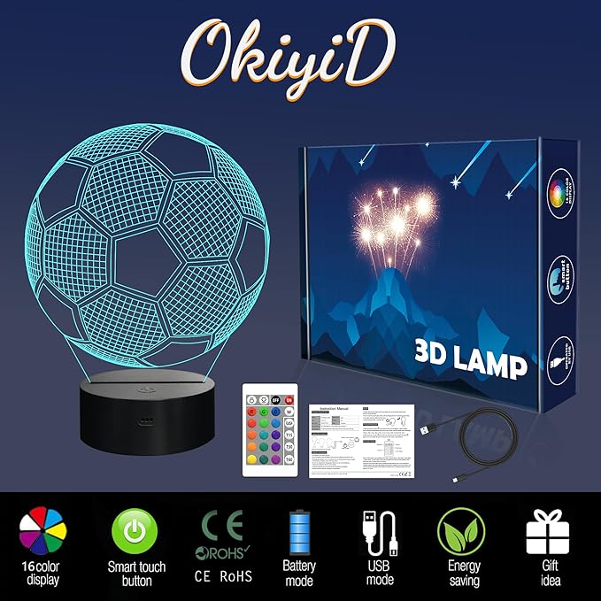 Soccer Night Light, Soccer Gift, 3D Illusion Lamp with 16 Colors Remote and Touch Control - Perfect Kids Room Decoration and Boys Birthday Sport Gift - LeafyLoom