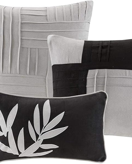 Madison Park Cozy Comforter Set Casual Blocks Design All Season, Matching Bed Skirt, Decorative Pillows, Full(82"x90"), Dune Suede, Black Grey, 7 Piece - LeafyLoom