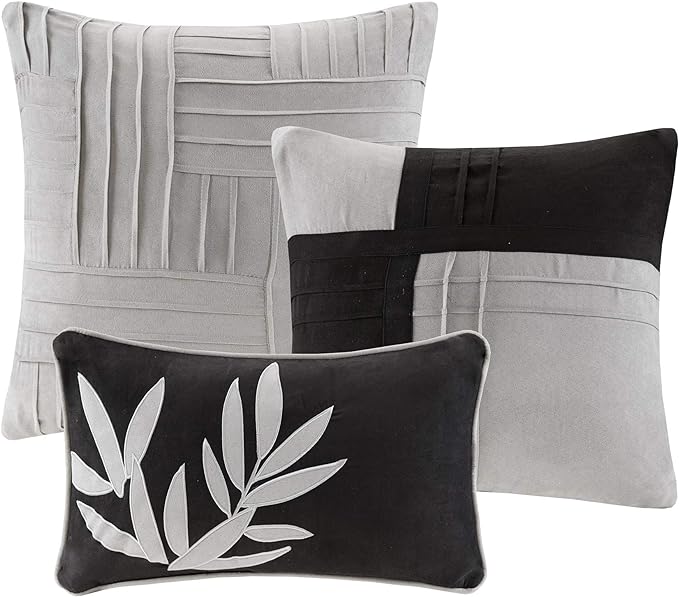Madison Park Cozy Comforter Set Casual Blocks Design All Season, Matching Bed Skirt, Decorative Pillows, Full(82"x90"), Dune Suede, Black Grey, 7 Piece - LeafyLoom