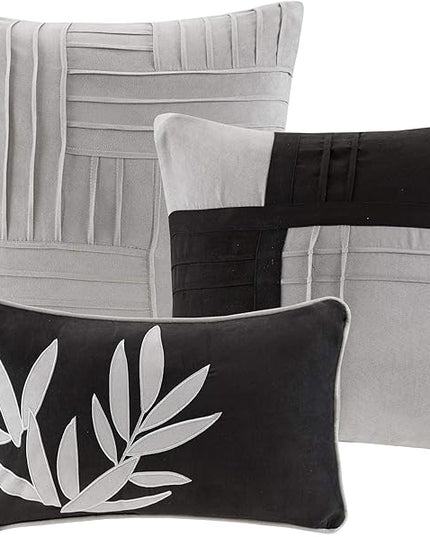 Madison Park Cozy Comforter Set Casual Blocks Design All Season, Matching Bed Skirt, Decorative Pillows, Queen (90 in x 90 in), Dune Black/Grey, 7 Piece - LeafyLoom
