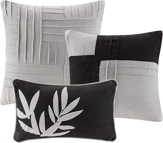 Madison Park Cozy Comforter Set Casual Blocks Design All Season, Matching Bed Skirt, Decorative Pillows, Queen (90 in x 90 in), Dune Black/Grey, 7 Piece - LeafyLoom