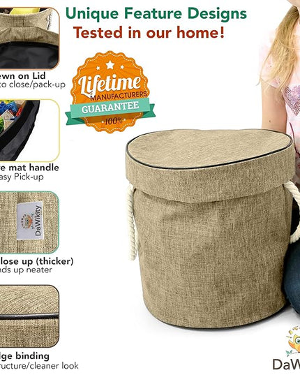 Toy Storage Basket and Play Mat - Building Bricks Toy Storage Organizer - Tidy with Ease - Toy Blocks Mat Storage Bag - Collapsible XL Kids Canvas Bag/Bin - Drawstring Playmat Boy/Girls-15"x14”(BEIGE) - LeafyLoom
