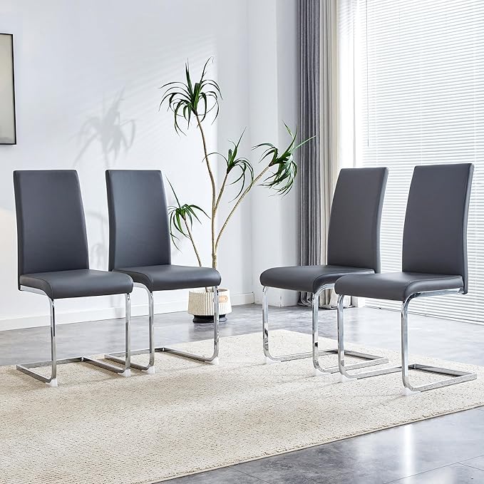 Modern Dining Chairs Set of 4, PU Faux Leather Backrest Cushioned Edge Chairs, Suitable for dining, kitchen, dressing table, terrace, Gray+PU - LeafyLoom
