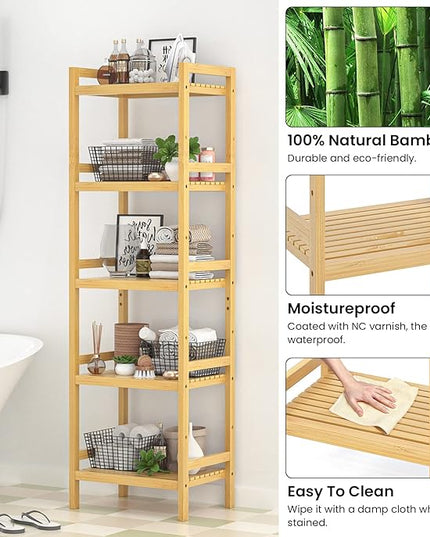 Homykic Bamboo Bookshelf, 5-Tier Narrow 55.9” Adjustable Book Shelf Bookcase Bathroom Shelves Freestanding Storage Stand for Living Room, Bedroom, Kitchen, Rust Resistance, Easy Assembly, Natural - LeafyLoom