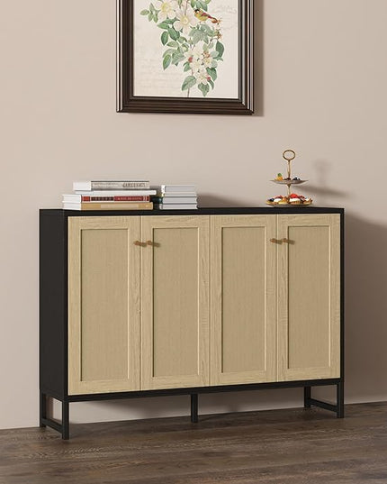 Panana Sideboard Accent Storage Cabinet with Rattan Decorated 4 Doors Dining Room Freestanding Kitchen Buffet Table Cupboard (Black) - LeafyLoom