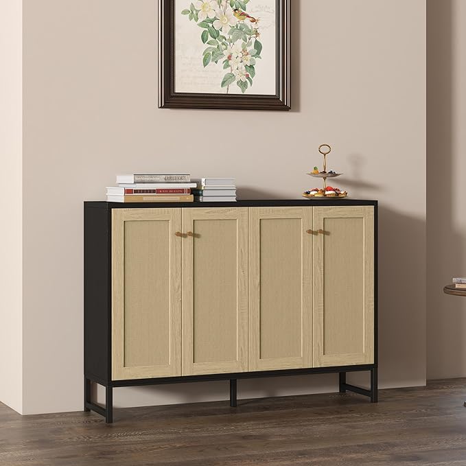 Panana Sideboard Accent Storage Cabinet with Rattan Decorated 4 Doors Dining Room Freestanding Kitchen Buffet Table Cupboard (Black) - LeafyLoom