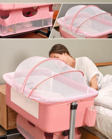 Baby Crib,3 in 1 Bedside Crib Adjustable Portable Bed for Infant,Baby Bassinet Baby Newborn Must Have Bed,Pink - LeafyLoom