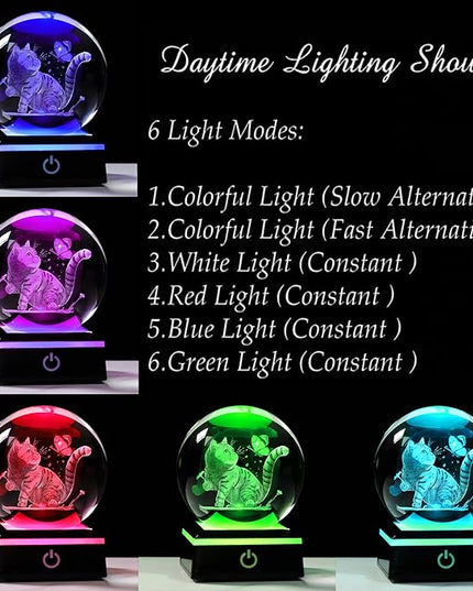 Qianwei Cat Gifts for Women Men Crystal Ball - 3D Laser Cat Decor Glass Animals Red Bird Figurines Statue Stuff for Room Decorations Cat Night Light - LeafyLoom